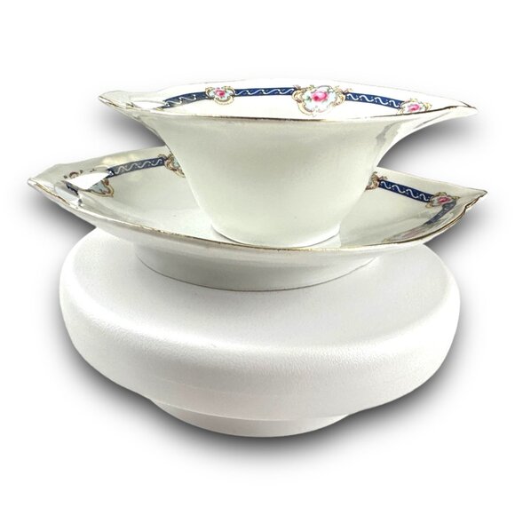 Antique German Porcelain Gravy Boat & Underplate Hand-Painted Floral Design Gold - Picture 1 of 13